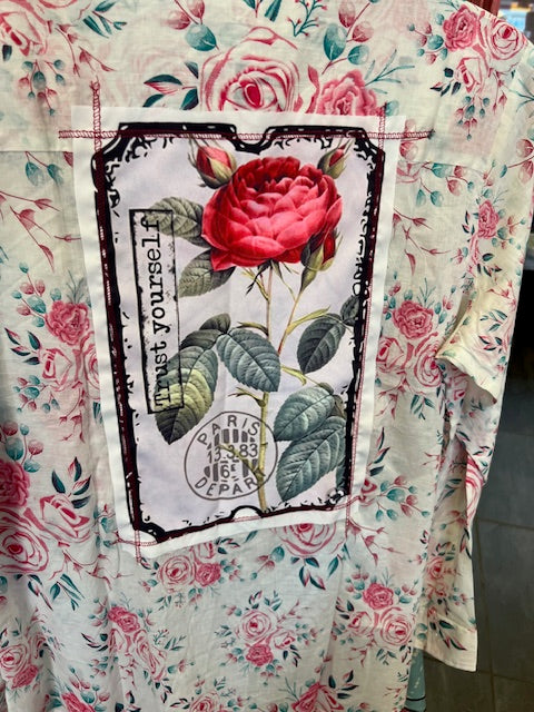 Vintage White Shirt with Roses and Patch