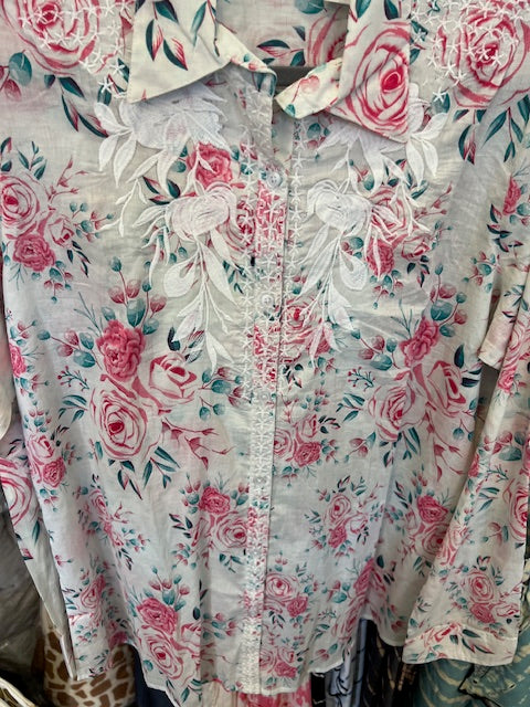 Vintage White Shirt with Roses and Patch